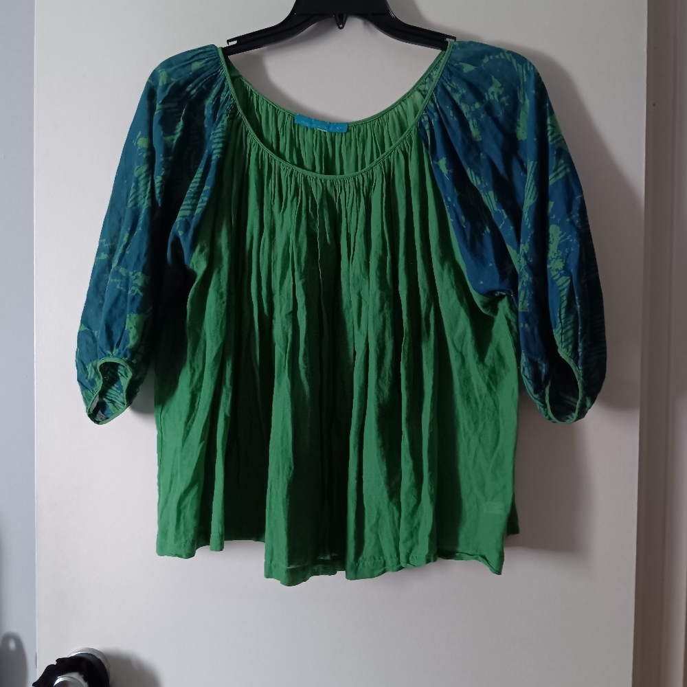 VIRGINIA JOHNSON Green + Blue Cotton Voile Puff Sleeve Blouse L